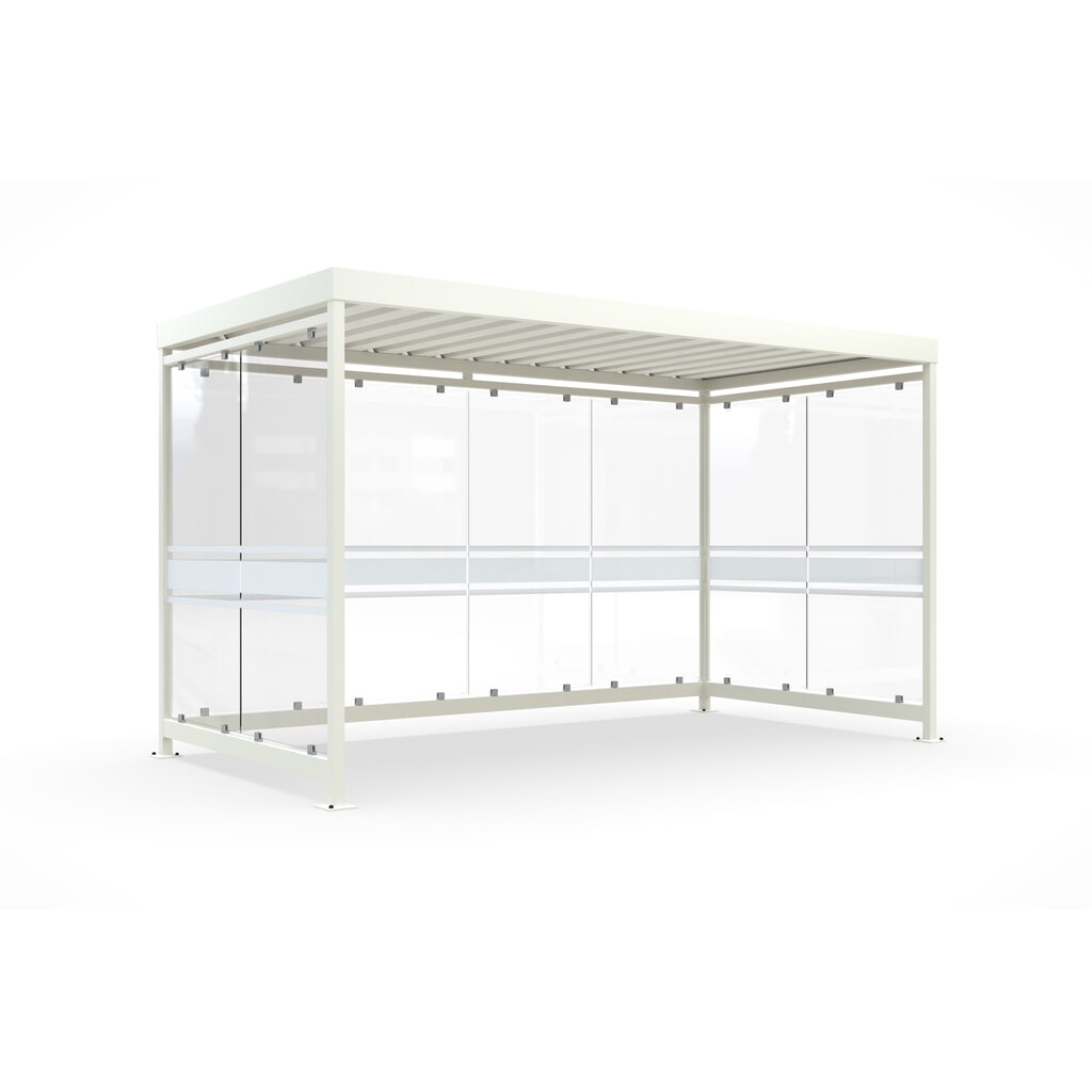 Produktabbildung: wsm® Raucherunterstand, fertig montiert, für 9-10 Personen, 8 Elemente, RAL 9002 grauweiß - mit Glasdekor