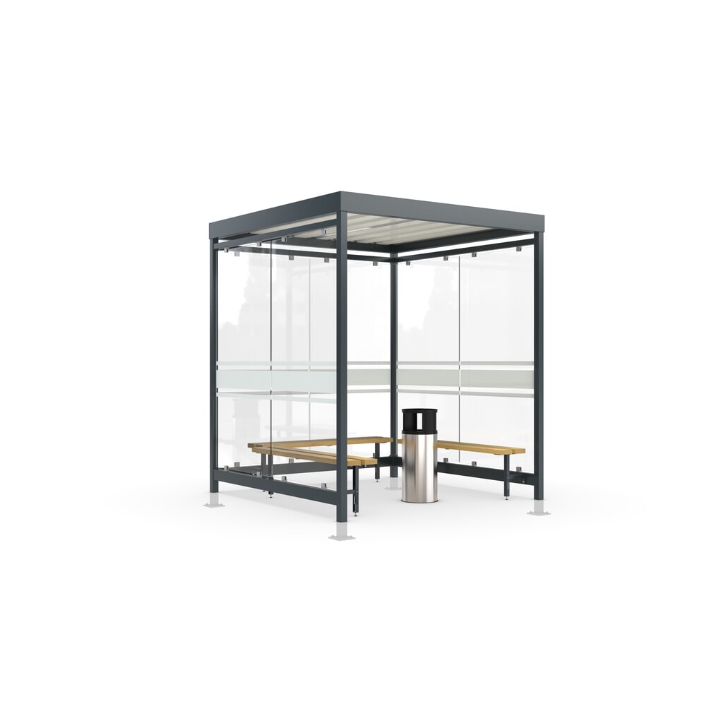 wsm® Raucherunterstand Köln, U-Form, inkl. Bank, Standascher und Beleuchtung, mit Überpflasterung Produktabbildung: wsm® Raucherunterstand Köln, U-Form, inkl. Bank, Standascher und Beleuchtung, mit Überpflasterung