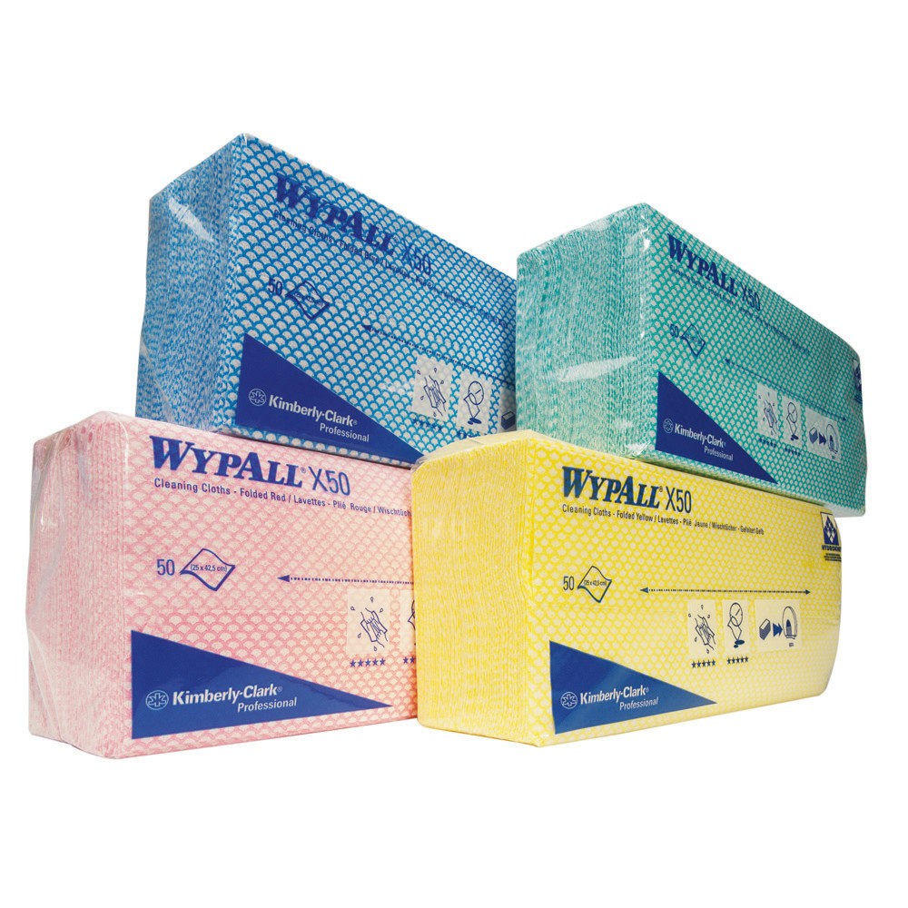 Wischtücher WypAll® X50 für hygienisch sensible Bereiche Sie erhalten die Mehrweg-Tücher WypAll® X50 mit Farbkodierung. So werden Verwechslungen bei Mehrfachgebrauch verhindert und das Risiko von Kreuzkontaminationen gemindert. Die Reinigungstücher bestehen aus chlorfrei gebleichtem HYDROKNIT. Es setzt sich zu 80 % aus saugstarken Zellstofffasern und zu 20 % aus Polypropylen zusammen. Die Fasern sind in ein widerstandsfähiges Vlies aus Polypropylen eingebunden, das auch im nassen Zustand reißfest ist. HYDROKNIT ist lösungsmittelbeständig und kann größere Mengen Flüssigkeit, Öl und Fett aufnehmen. Sie erhalten die Mehrweg-Tücher in spritzwassergeschützten und wasserabweisenden Beuteln (6 x 50), die den Zugriff auf hygienisch verpackte Tücher direkt am Einsatzort gewährleisten. Die Reinigungstücher WypAll® X50 eignen sich, um Waschräume, Patientenbereiche und Küchen hygienisch zu reinigen und gleichzeitig Ressourcen zu sparen. Kaufen Sie die wiederverwendbaren Wischtücher hier bei uns.WypAll® Wischtücher X50, Interfold, HxB 416 x 245 mm, gelb WypAll® Wischtücher X50, Interfold, HxB 416 x 245 mm, gelb