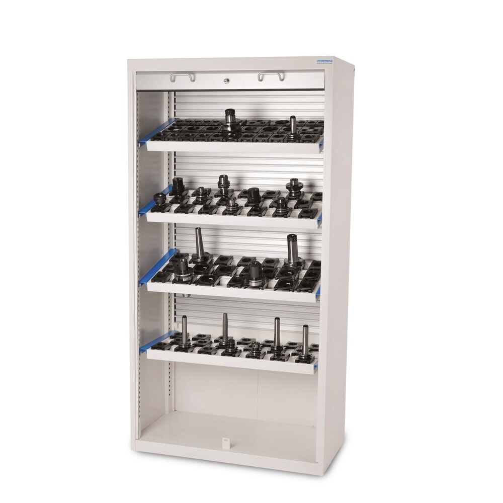 Zdjęcie produktu: Wysoka szafa na narzędzia CNC Bedrunka+Hirth z plastikową roletą, wys. x szer. x gł. 1950 x 1000 x 500 mm, VDI 50 (64 sztuki)