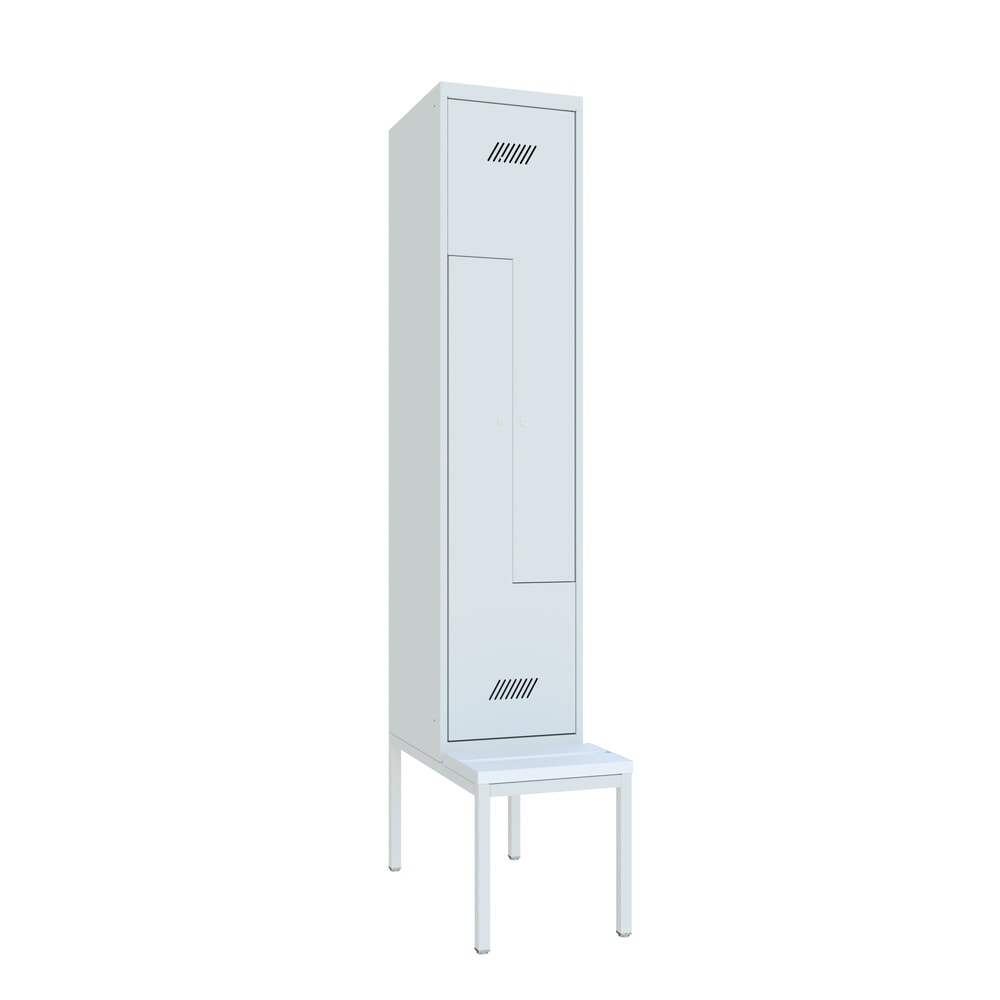 Product afbeelding: Z-garderobekast met zitbank PAVOY, 2 compartimenten, cilinderslot, lichtgrijs, lichtgrijs, Kunststof wit