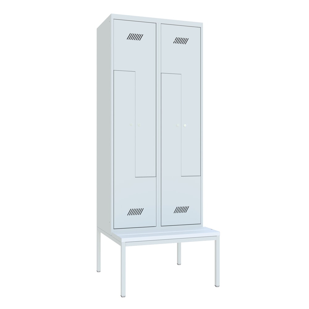 Product afbeelding: Z-garderobekast met zitbank PAVOY, 4 compartimenten, cilinderslot, lichtgrijs, lichtgrijs, Kunststof wit