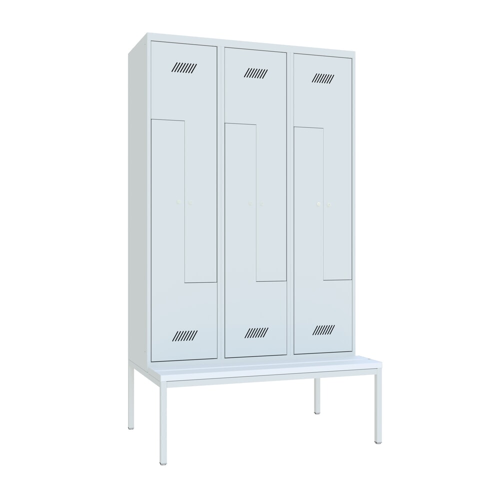 Product afbeelding: Z-garderobekast met zitbank PAVOY, 6 compartimenten, cilinderslot, lichtgrijs, lichtgrijs, Kunststof wit