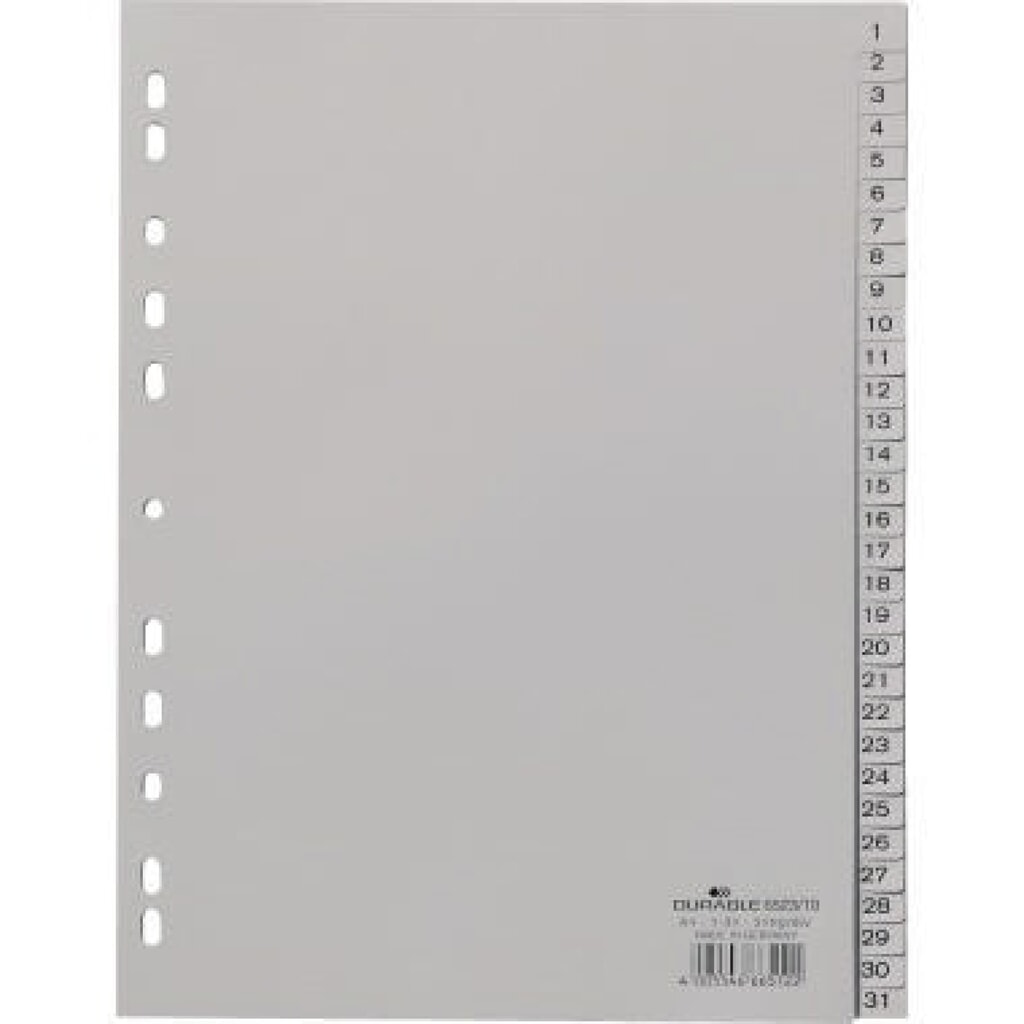 DURABLE Register 652310 DIN A4 volldeckend 1-31 31tlg. PP grau Produktabbildung: DURABLE Register 652310 DIN A4 volldeckend 1-31 31tlg. PP grau