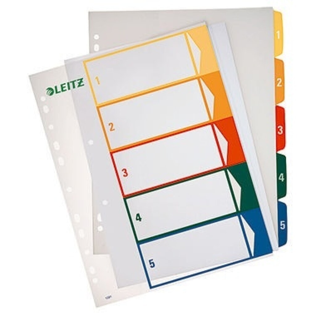 Leitz Register 12910000 DIN A4 1-5 volle Höhe PP farbig/transparent Produktabbildung: Leitz Register 12910000 DIN A4 1-5 volle Höhe PP farbig/transparent