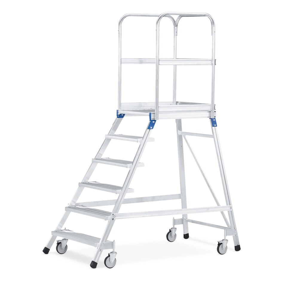 Produktabbildung: ZARGES Podesttreppe, fahrbar, 1-seitig begehbar, Standhöhe 0,72 m, Aluminium