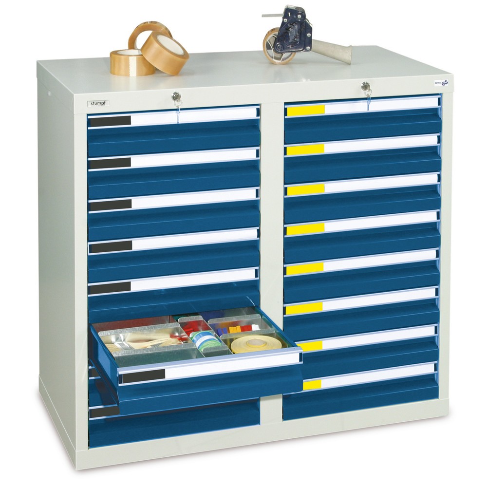 Obrázek produktu: Zásuvková skříň stumpf® Premium, zásuvky 16x100 mm, VxŠxH 900 x 1000 x 500 mm, světle šedá/modrý hořec