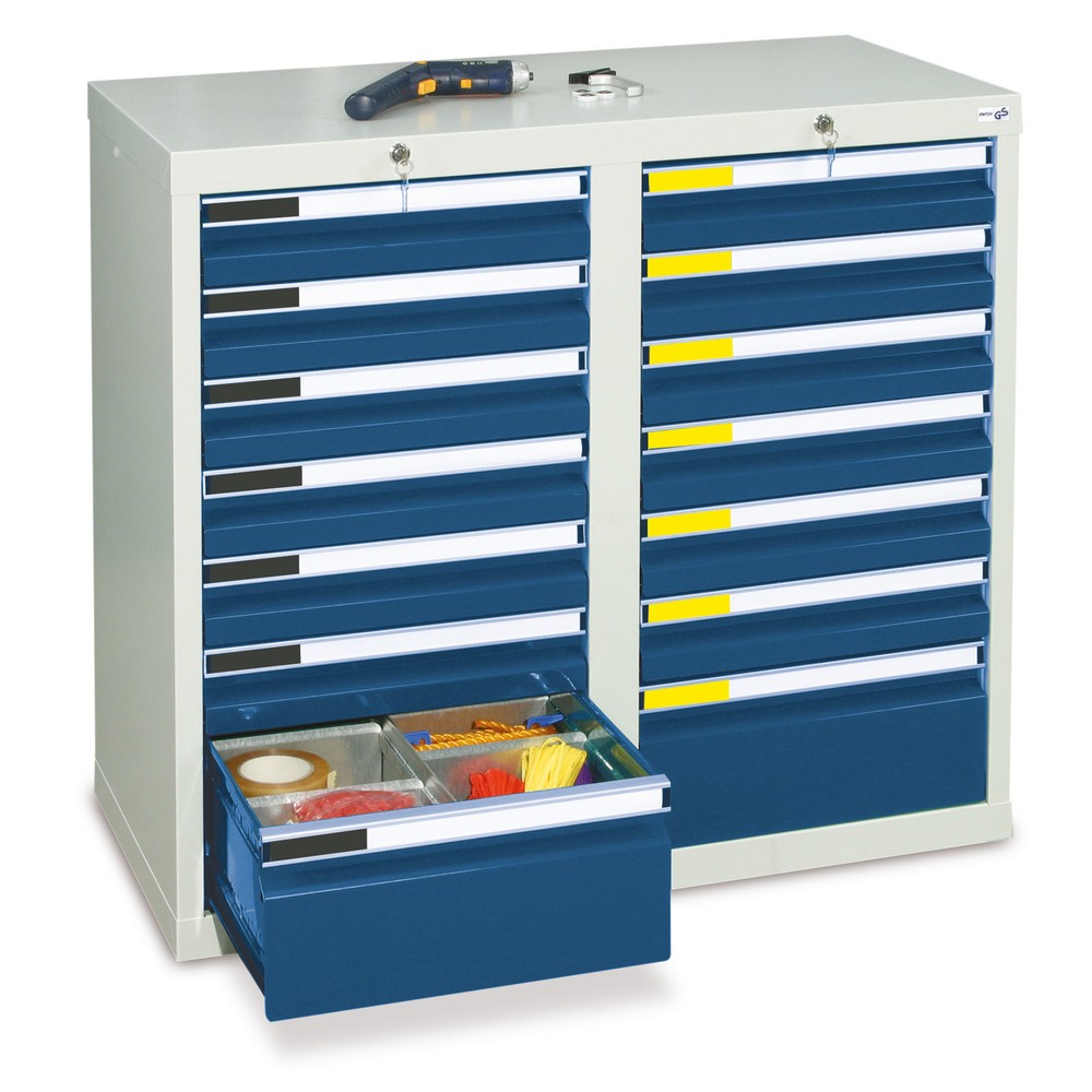 Obrázek produktu: Zásuvková skříň stumpf® Premium, zásuvky 12x100 + 2x200 mm, VxŠxH 900 x 1000 x 500 mm, světle šedá/modrý hořec
