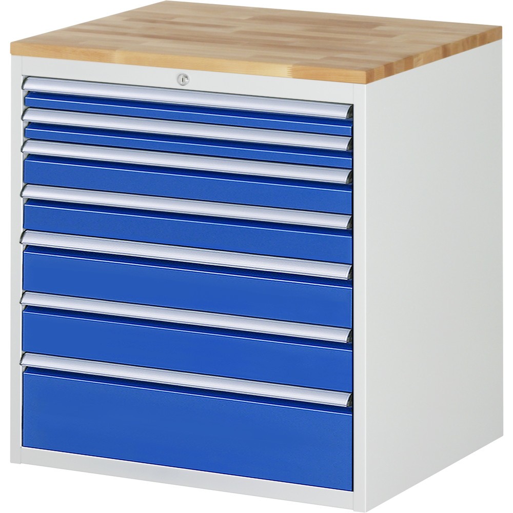 Obrázok výrobku: Zásuvková skriňa RAU série 7000, v × š × h 825 × 770 × 650 mm, 7 zásuviek 2 × 60, 2 × 90, 2 × 120, 1 × 180 mm, buková pracovná doska