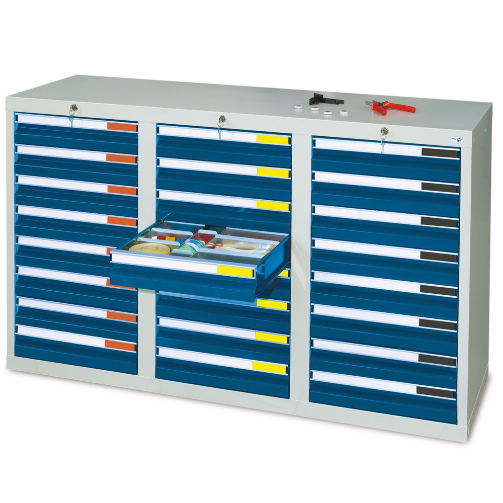 Obrázok výrobku: Zásuvková skriňa stumpf® Premium, zásuvky 24 x 100 mm, V x Š x H 900 x 1 500 x 500 mm, svetlosivá/enciánová modrá