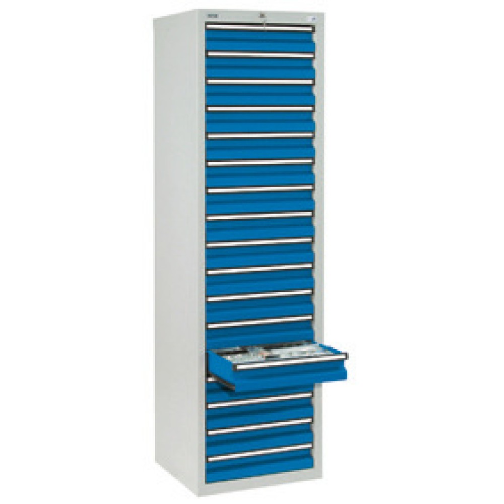 Obrázok výrobku: Zásuvková skriňa stumpf®, zásuvky 17 x 100 mm, V x Š x H 1 800 x 500 x 500 mm, svetlosivá/enciánová modrá