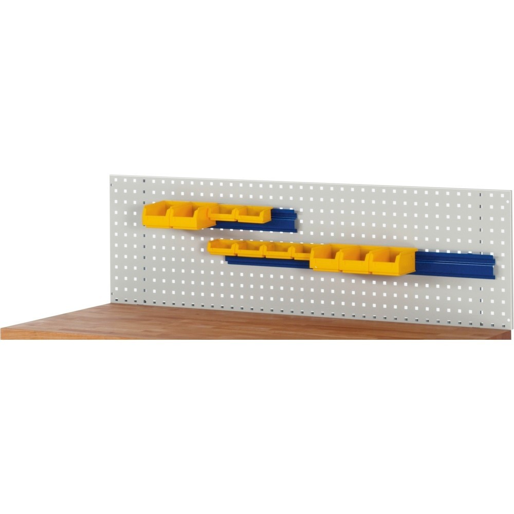 Číslo obrázka výrobku 2: Závesná lišta RAU pre dierovanú dosku, na uchytenie prehľadných skladovacích boxov, v × š × h 65 × 450 × 20 mm