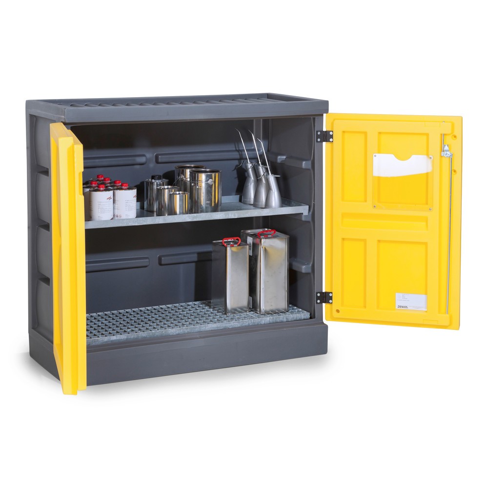 Obrázok výrobku: DENIOS chemická skriňa z PE, v × š × h 1 130 × 1 225 × 640 mm, 1 pozinkovaná záchytná vaňa + 1 pozinkovaný mriežkovaný rošt