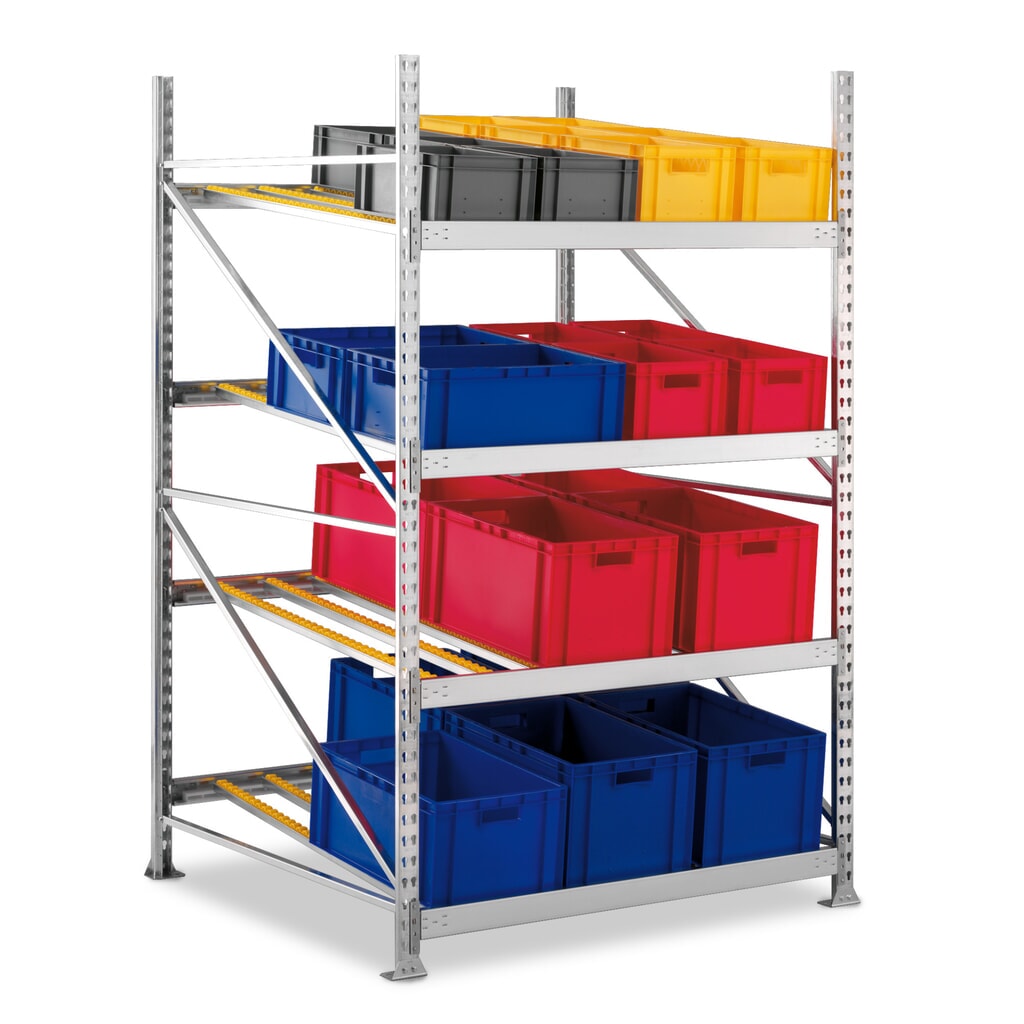 Produktabbildung: META Stückgut-Durchlaufregal Grundfeld, Fachlast 1200 kg, einseitig mit Rollenbahnen, HxBxT 2200 x 1407 x 1300 mm