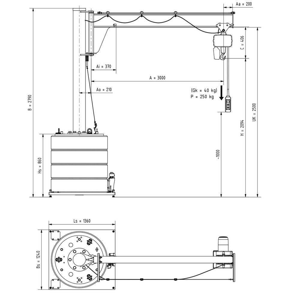 Productafbeelding nr. 3: Zwenkkraan VETTER® incl. elektrische takel LIFTKET, 270° zwenkbereik, reikwijdte 3.000 mm, draagvermogen 250 kg