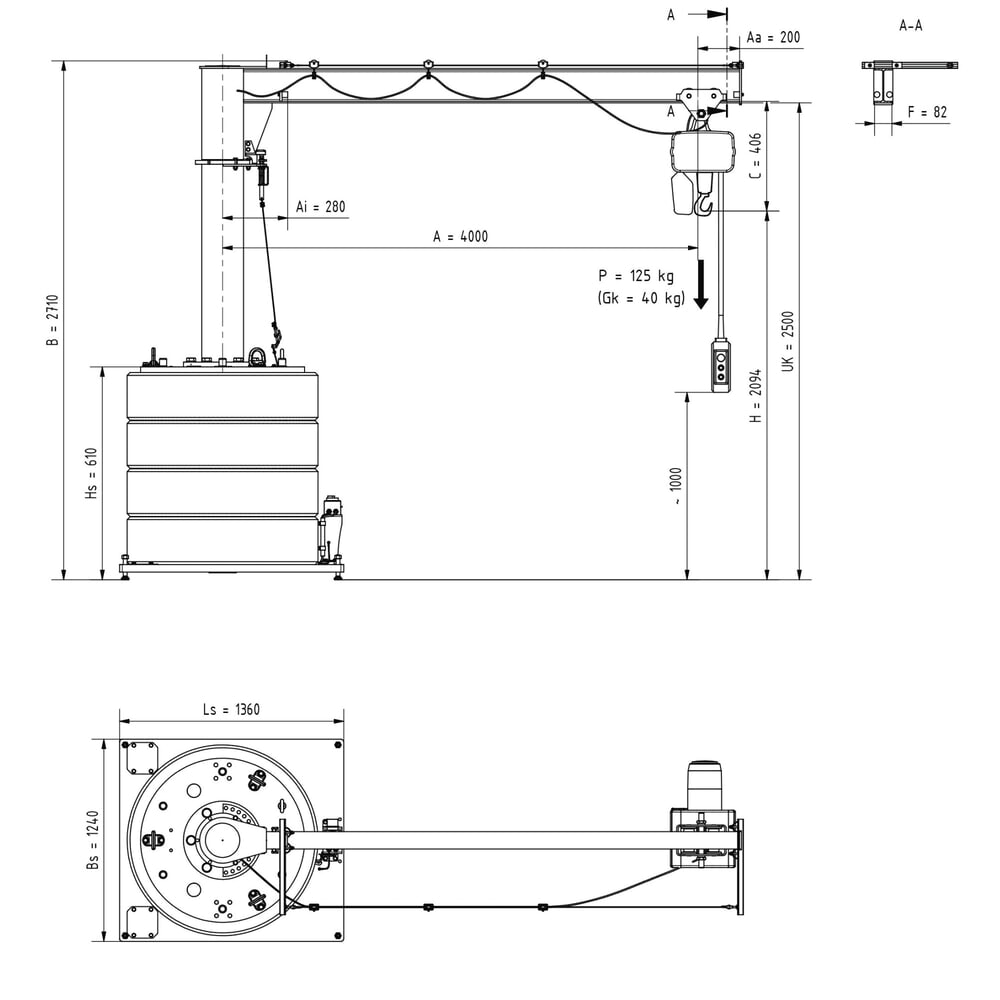Productafbeelding nr. 2: Zwenkkraan VETTER® incl. elektrische takel LIFTKET, mobiele uitvoering, 360° zwenkbereik, reikwijdte 4.000 mm, draagvermogen 125 kg