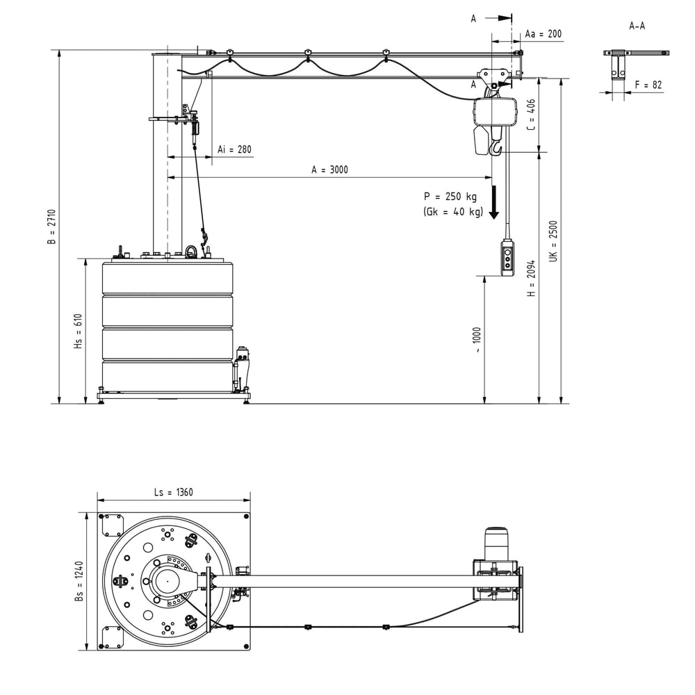 Productafbeelding nr. 2: Zwenkkraan VETTER® incl. elektrische takel LIFTKET, mobiele uitvoering, 360° zwenkbereik, reikwijdte 3.000 mm, draagvermogen 250 kg
