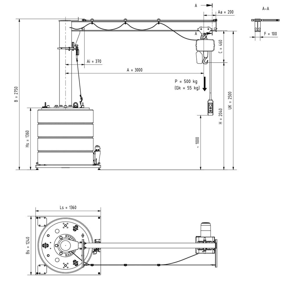 Productafbeelding nr. 2: Zwenkkraan VETTER® incl. elektrische takel LIFTKET, mobiele uitvoering, 360° zwenkbereik, reikwijdte 3.000 mm, draagvermogen 500 kg